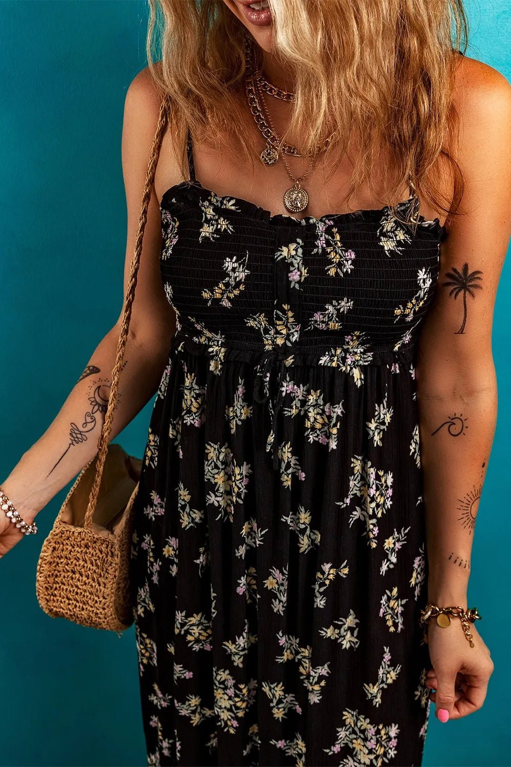 Floral Spaghetti Strap Shirred Bodice Tied Empire Waist Maxi Dress - adritiX