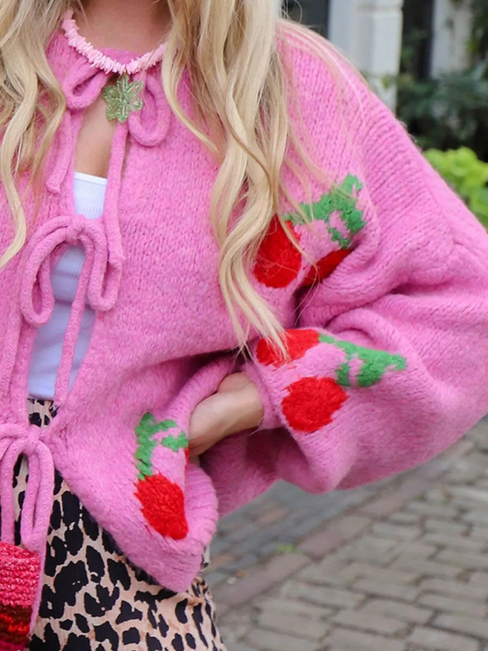 Tied Cherry Round Neck Long Sleeve Cardigan - adritiX