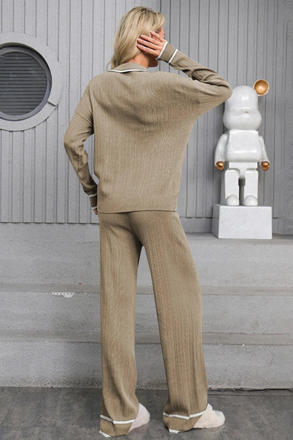 Contrast Trim Johnny Collar Top and Drawstring Pants Sweater Set - adritiX