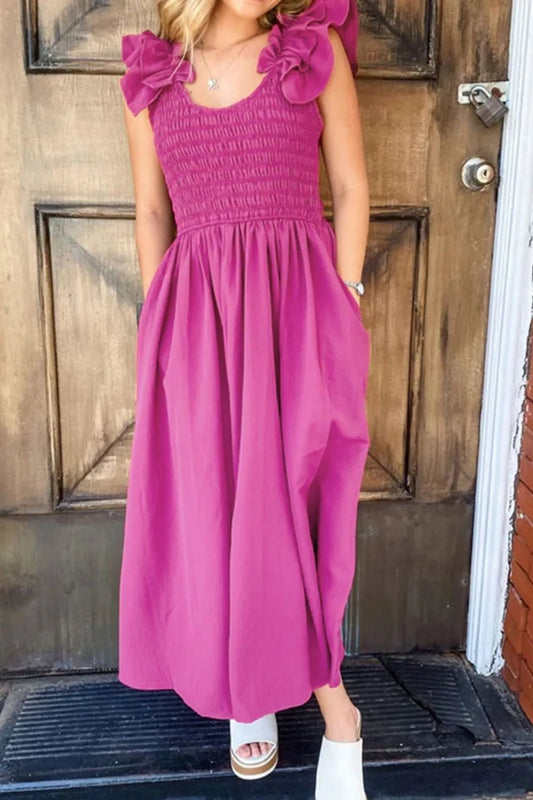 Solid Color Ruffled Straps Smocked Ruched Maxi Dress - adritiX
