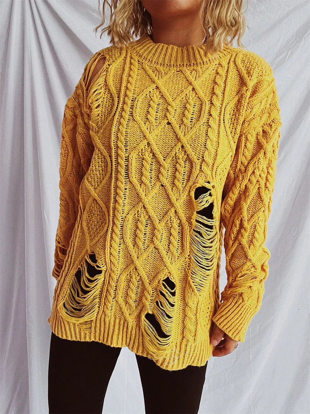 Distressed Cable-Knit Round Neck Long Sleeve Sweater - adritiX