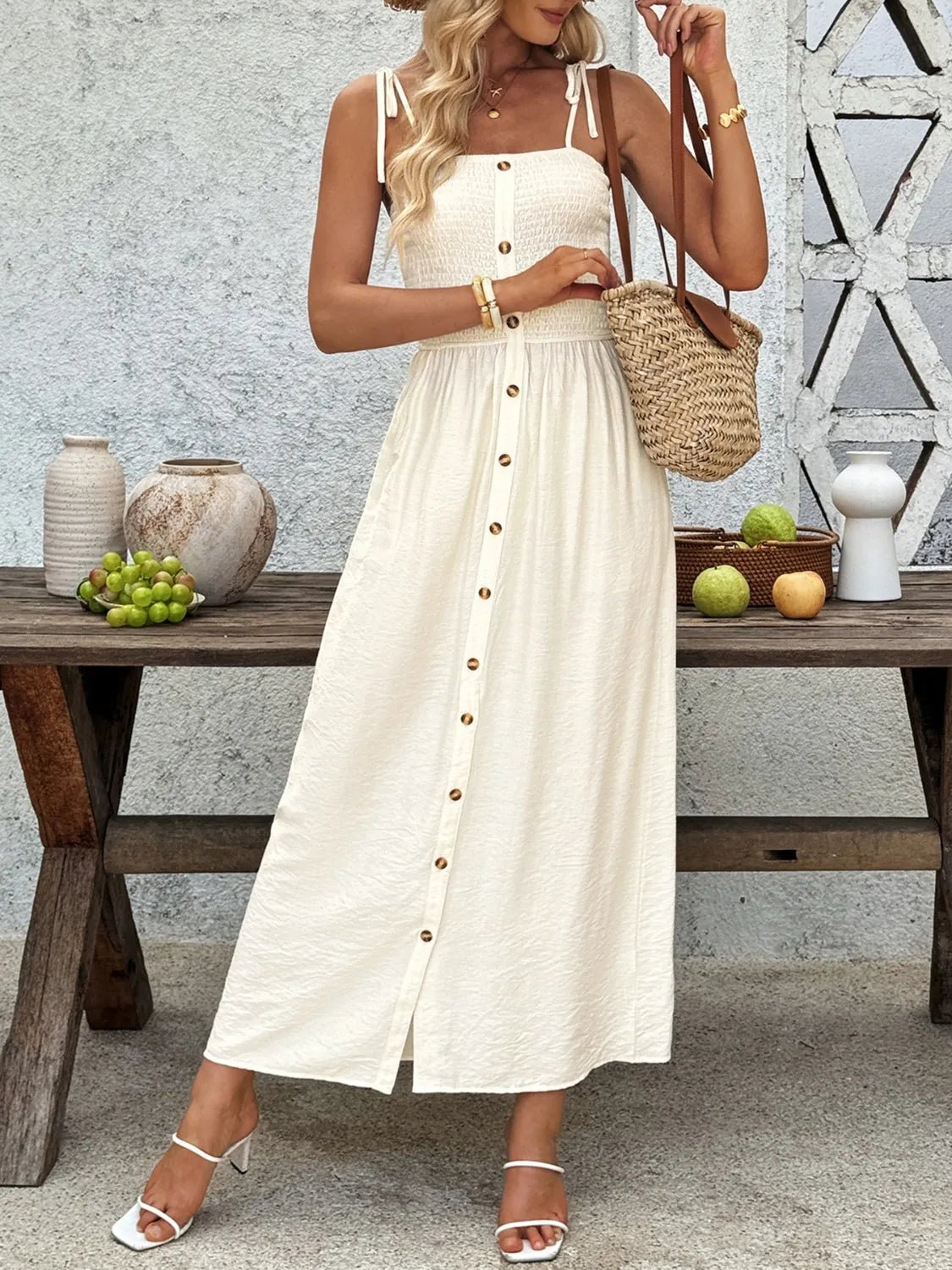Smocked Button Front Tie Shoulder Dress - adritiX
