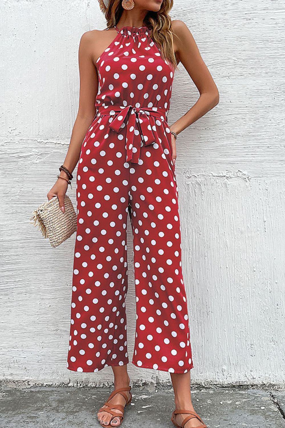 Elegant Perfee Polka Dot Grecian Wide Leg Jumpsuit - adritiX