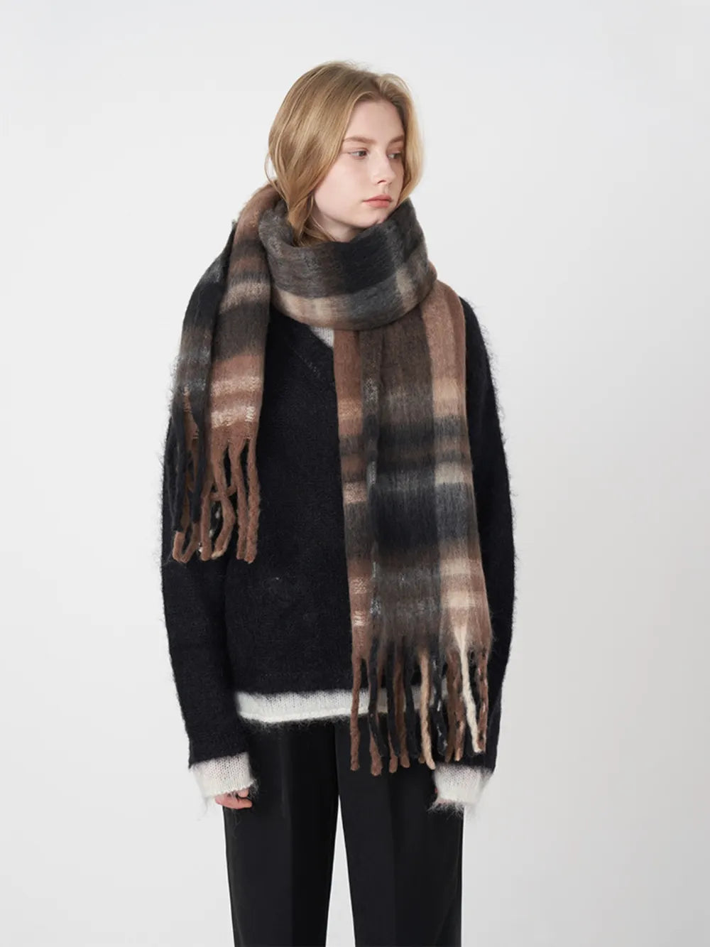 Fringe Plaid Polyester Scarf - adritiX