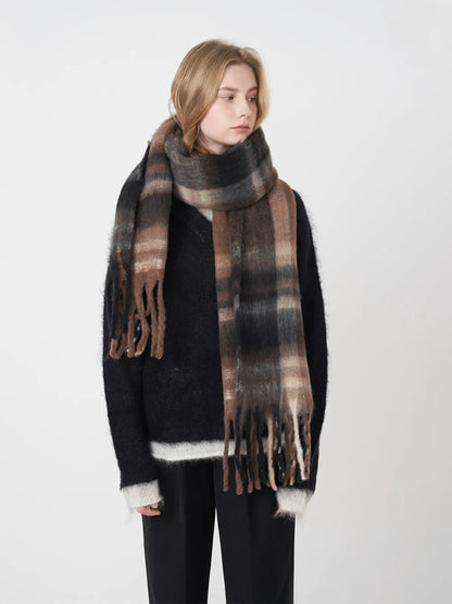 Fringe Plaid Polyester Scarf - adritiX