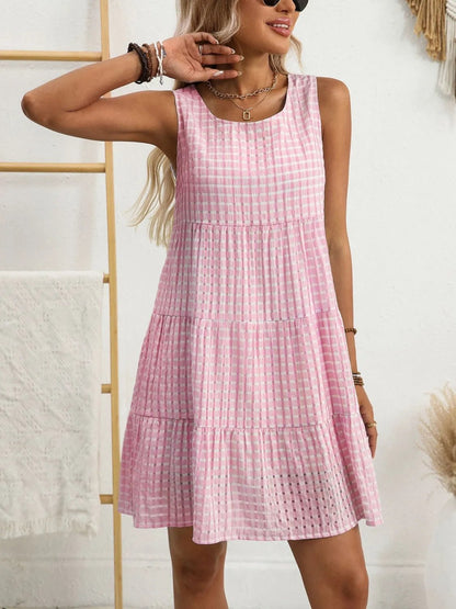 Plaid Round Neck Sleeveless Mini Dress - adritiX
