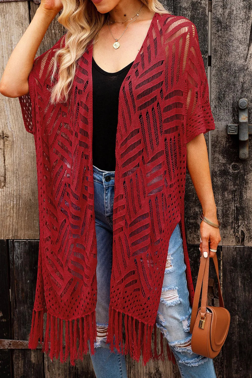 Openwork Open Front Cardigan with Fringes - adritiX
