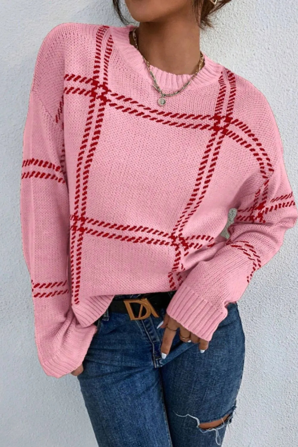 Contrast Round Neck Long Sleeve Sweater - adritiX
