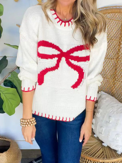 Bow Round Neck Long Sleeve Sweater - adritiX