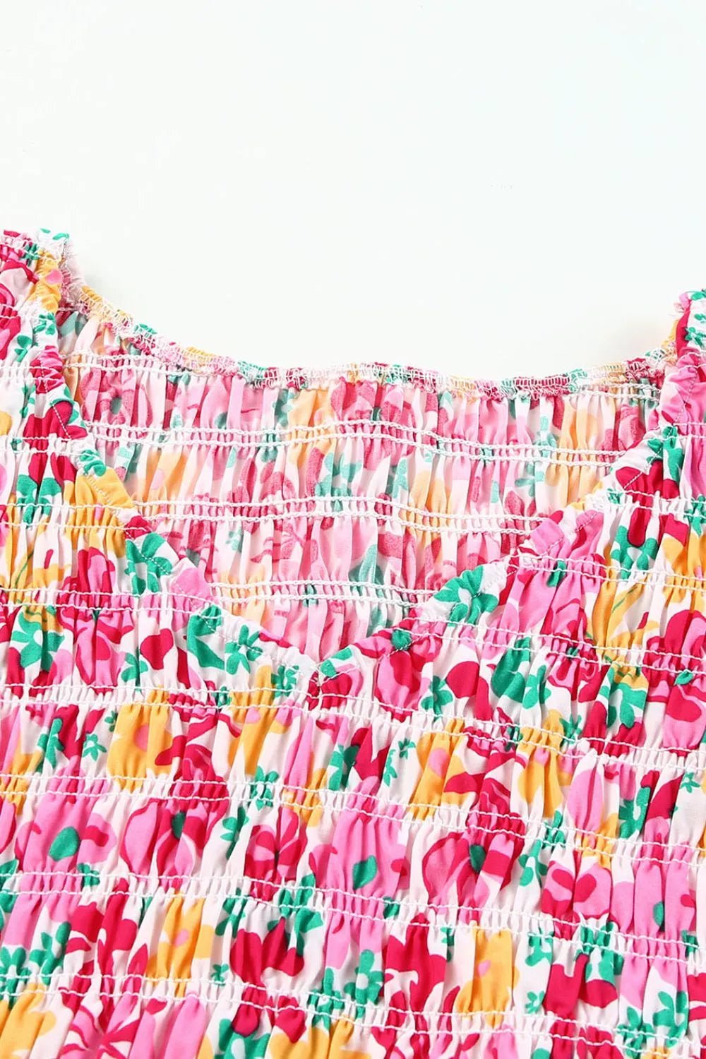 Smocked Floral V-Neck Ruffled Cap Sleeve Dress - adritiX