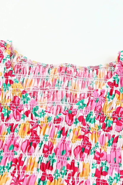 Smocked Floral V-Neck Ruffled Cap Sleeve Dress - adritiX