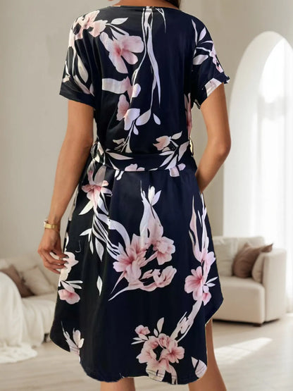Abstract Print Belted Short Sleeve Midi Dress - adritiX
