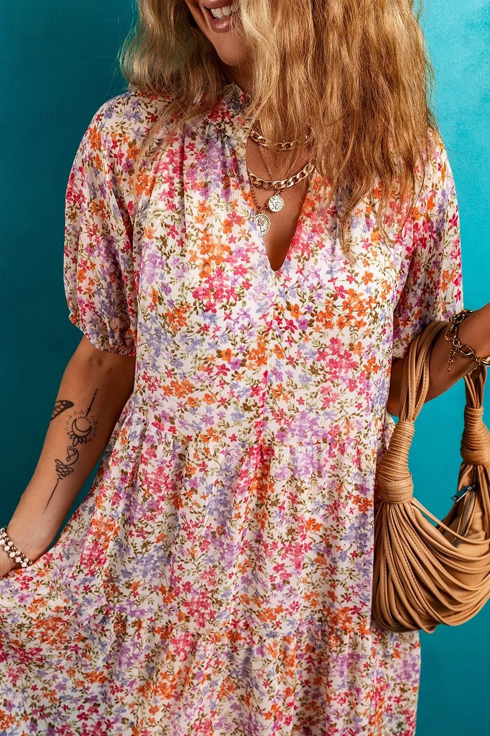 Floral Puff Sleeve Notched Tiered Mini Dress - adritiX