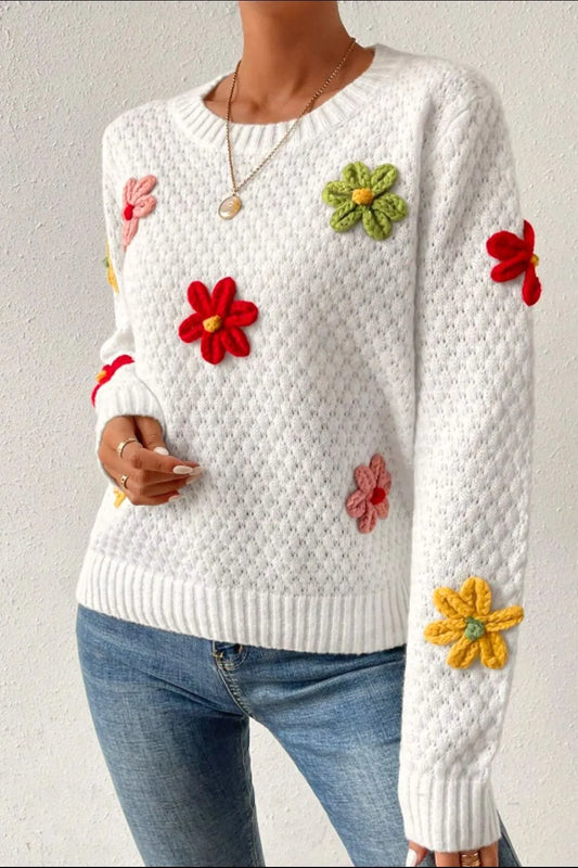 Elegant Crochet Flower Round Neck Long Sleeve Sweater - adritiX
