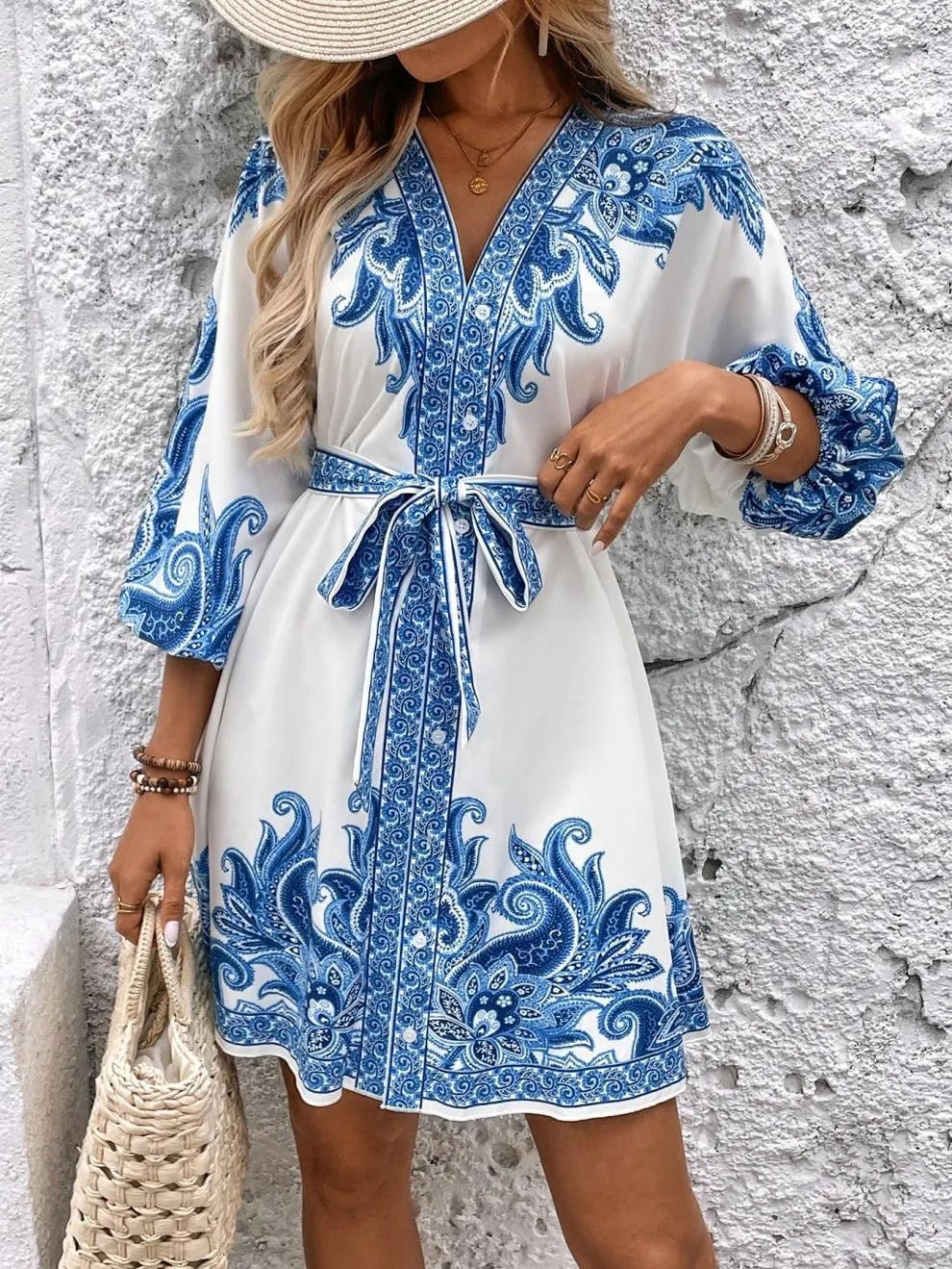 Paisley V-Neck 3/4 Sleeve Mini Dress - adritiX