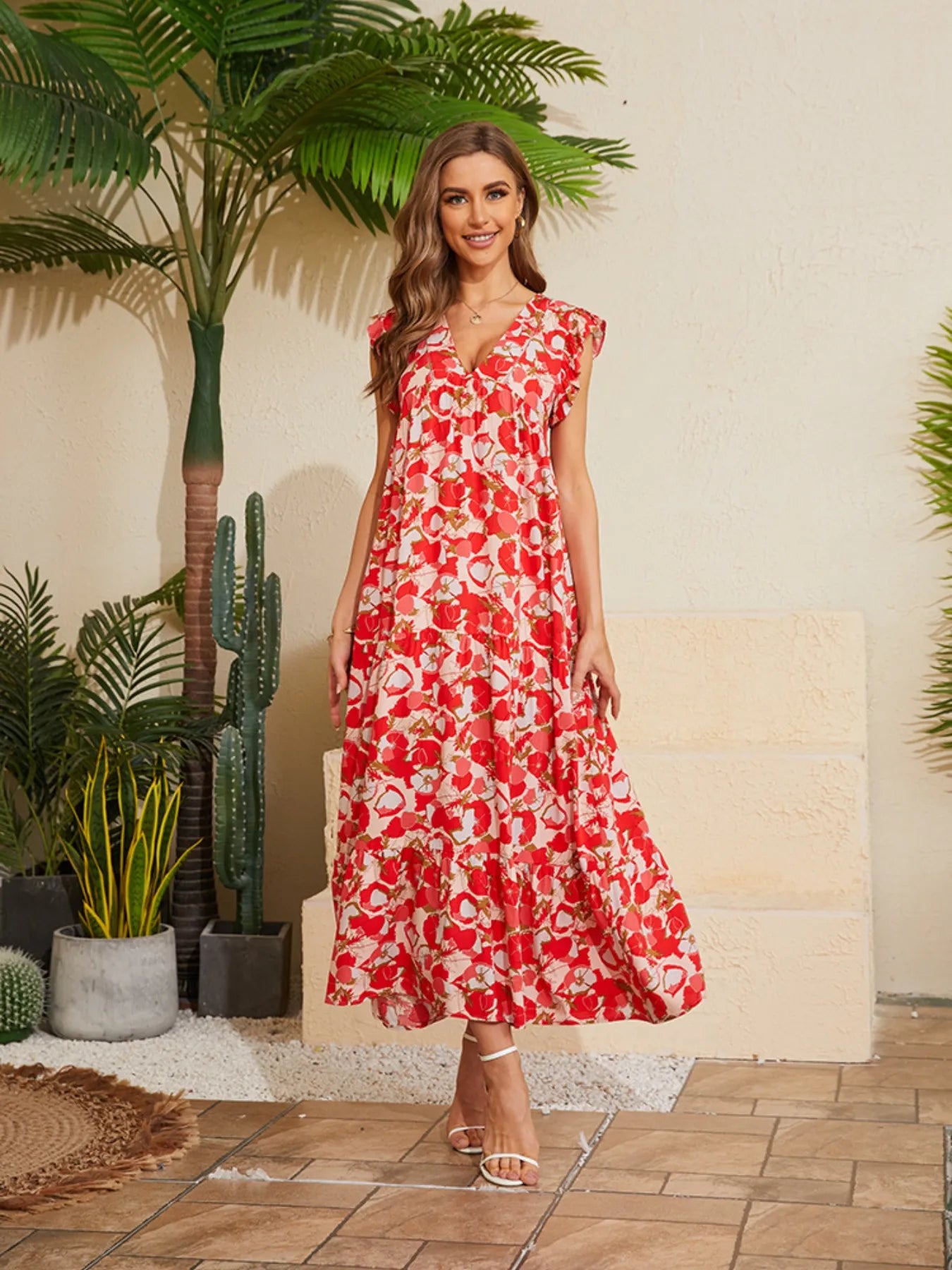 Floral V-Neck Cap Sleeve Summer Dress - adritiX