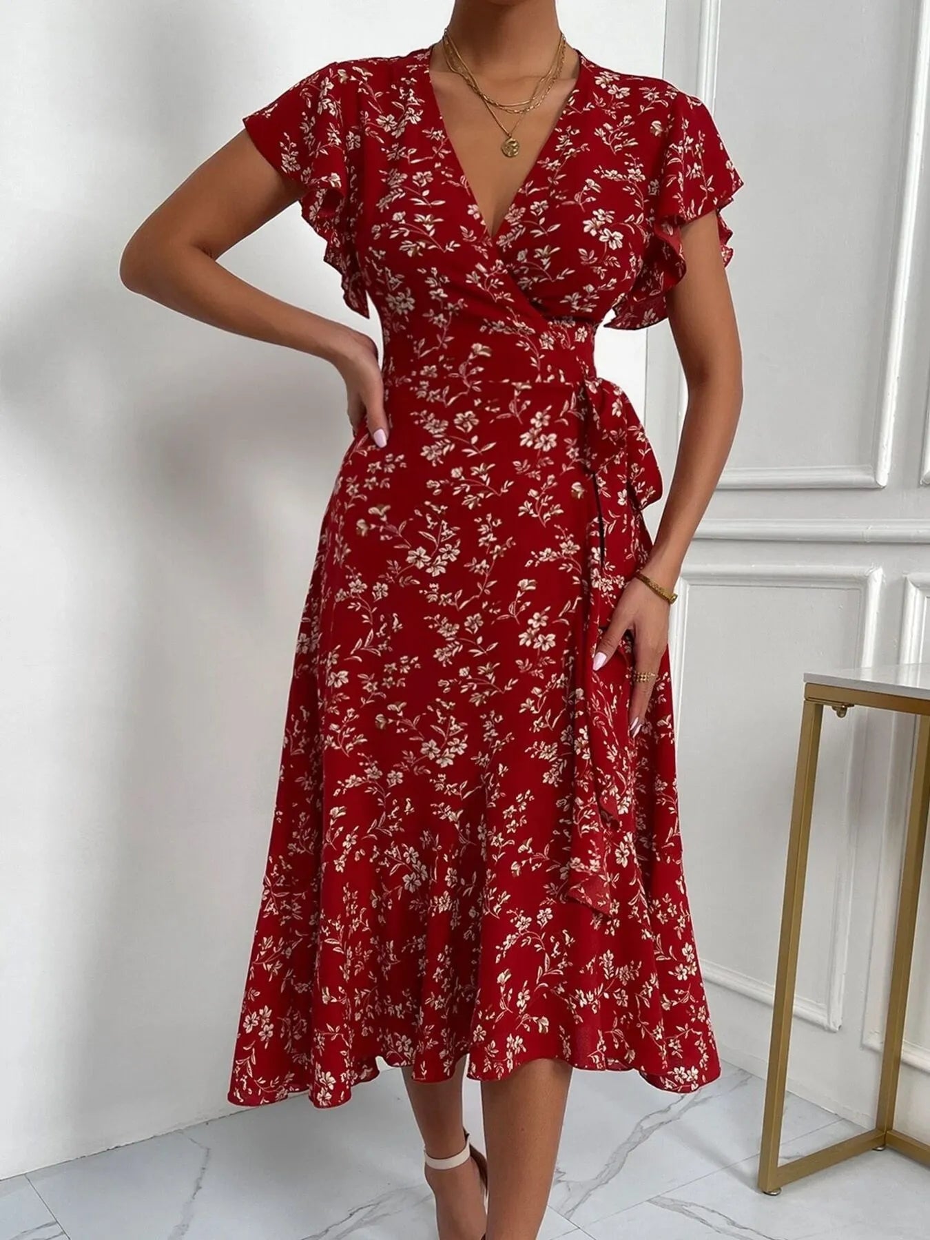 Floral Ruffle Sleeves Midi Dress - adritiX