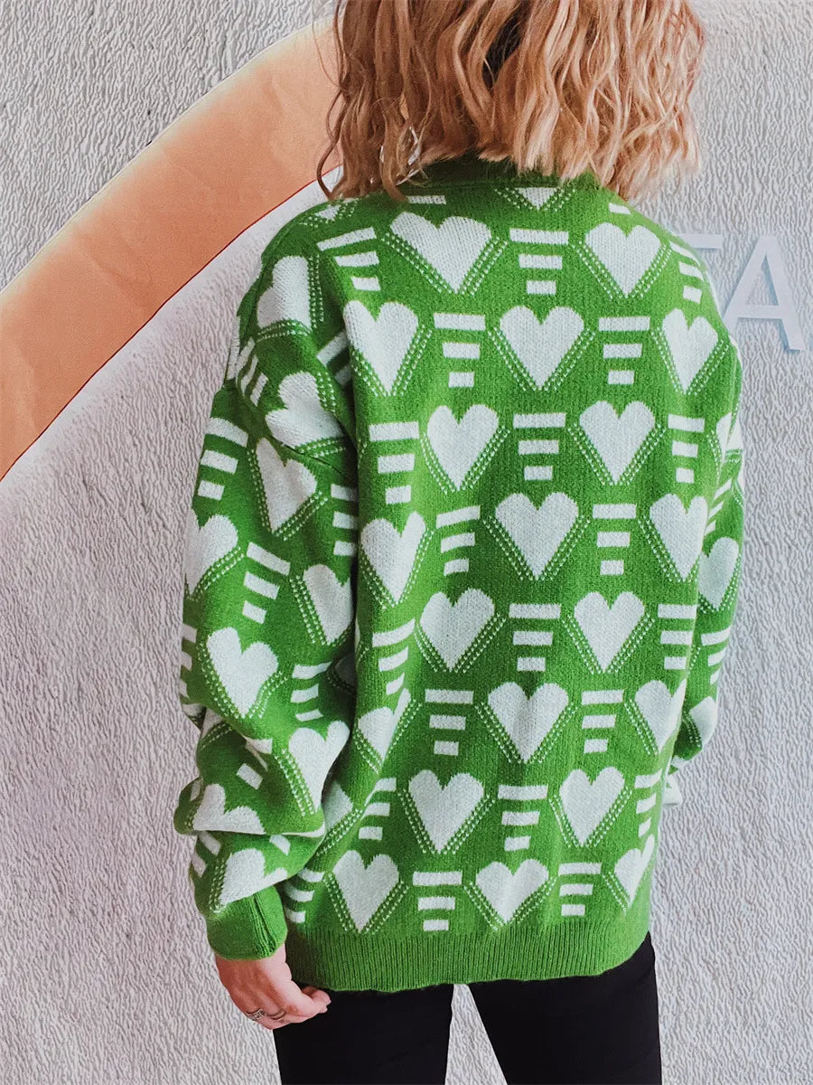 Elegant Heart Contrast Long Sleeve Dropped Shoulder Sweater - adritiX
