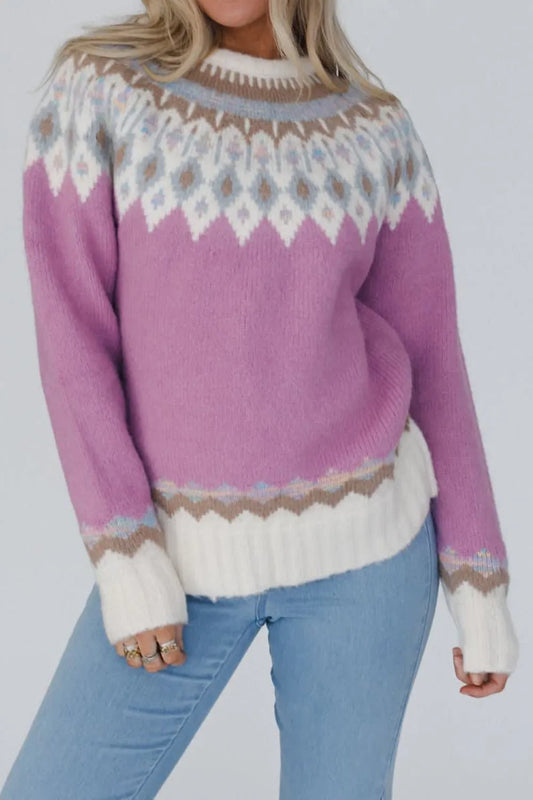 Elegant Geometric Round Neck Long Sleeve Sweater - adritiX