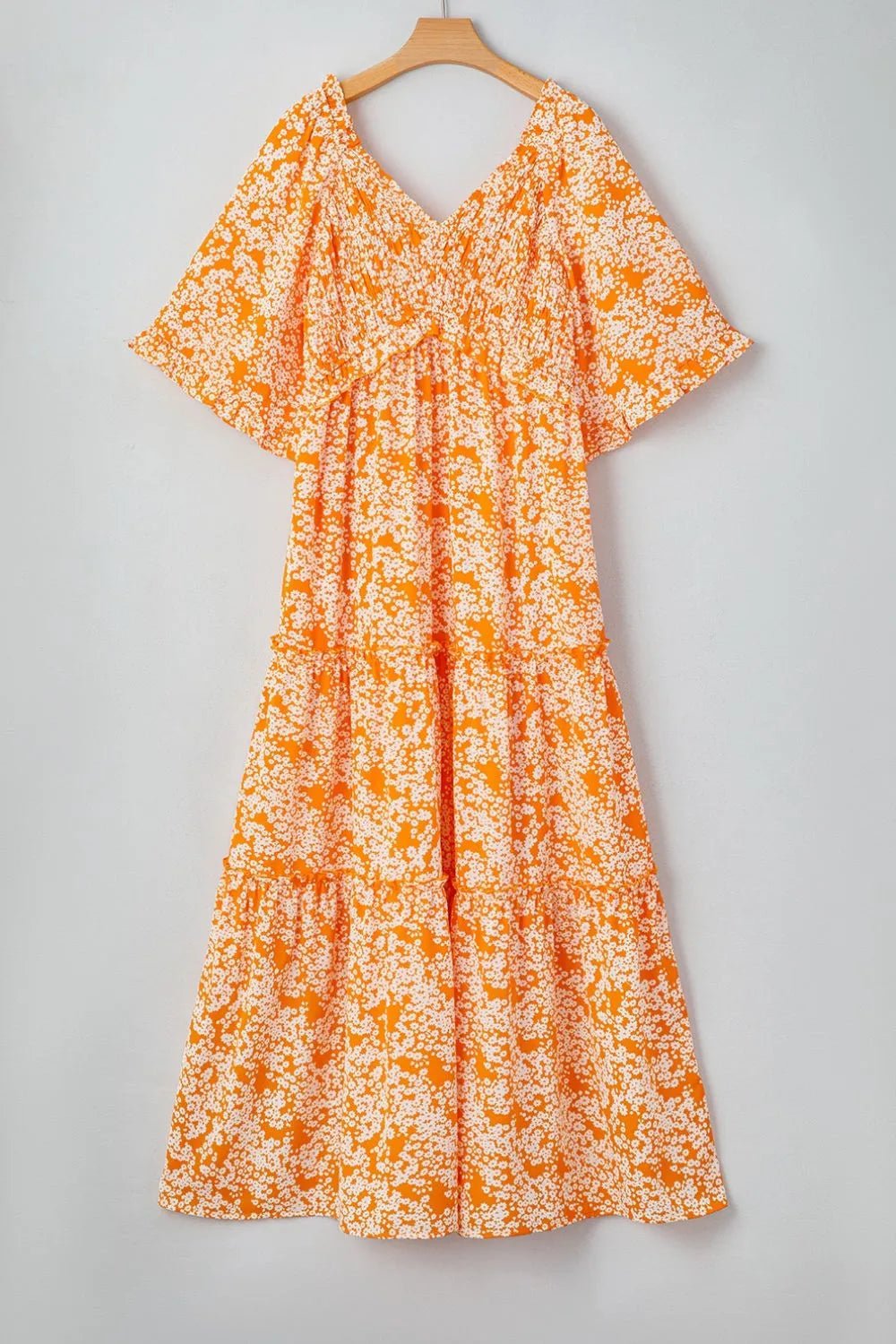 Floral Print Smocked V Neck Wide Sleeve Maxi Dress - adritiX