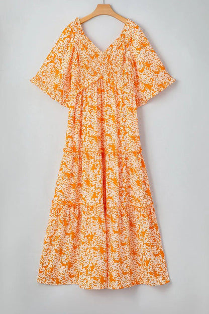 Floral Print Smocked V Neck Wide Sleeve Maxi Dress - adritiX