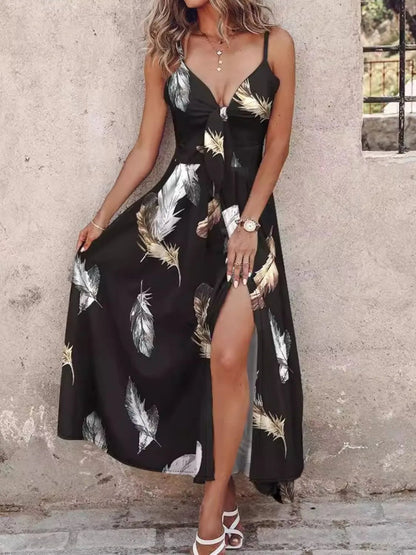Feather Print Spaghetti Strap Split Dress - adritiX