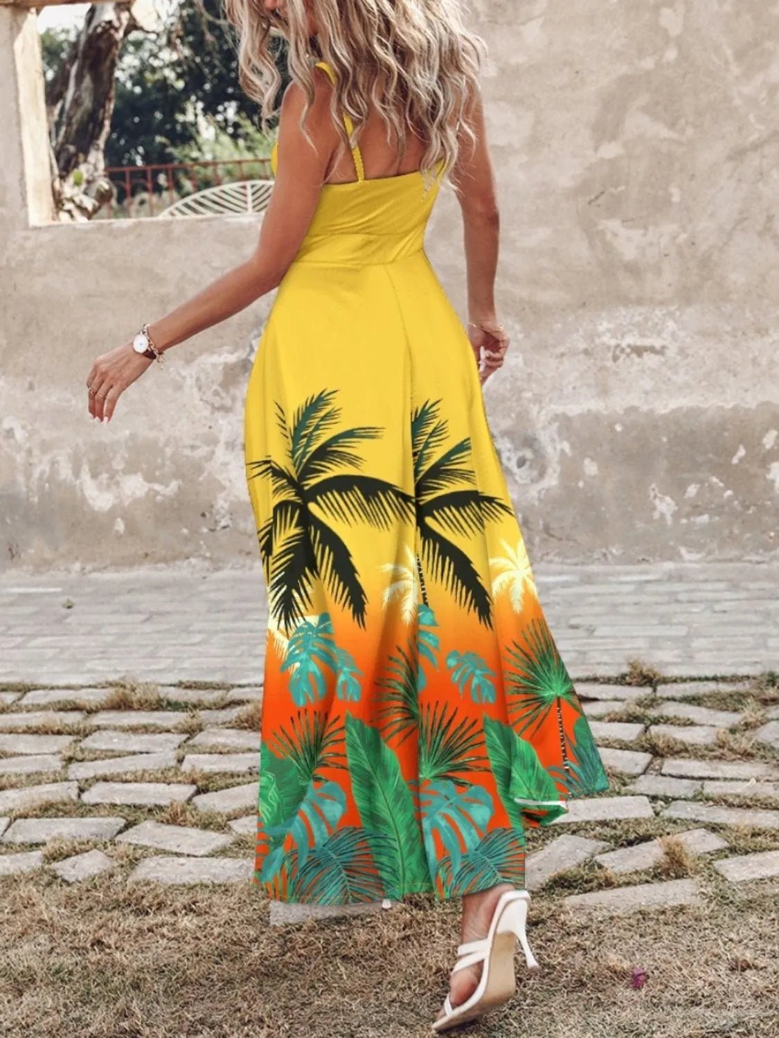 Feather Print Spaghetti Strap Split Dress - adritiX