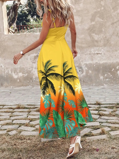 Feather Print Spaghetti Strap Split Dress - adritiX
