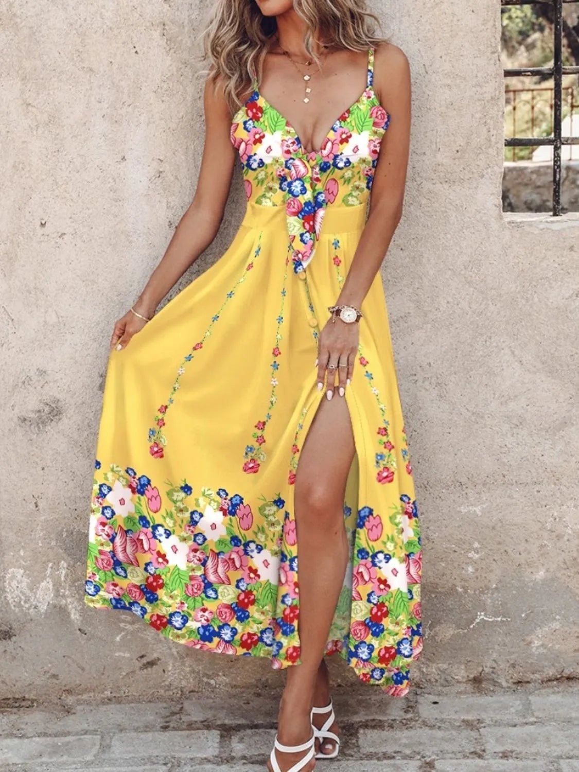 Feather Print Spaghetti Strap Split Dress - adritiX