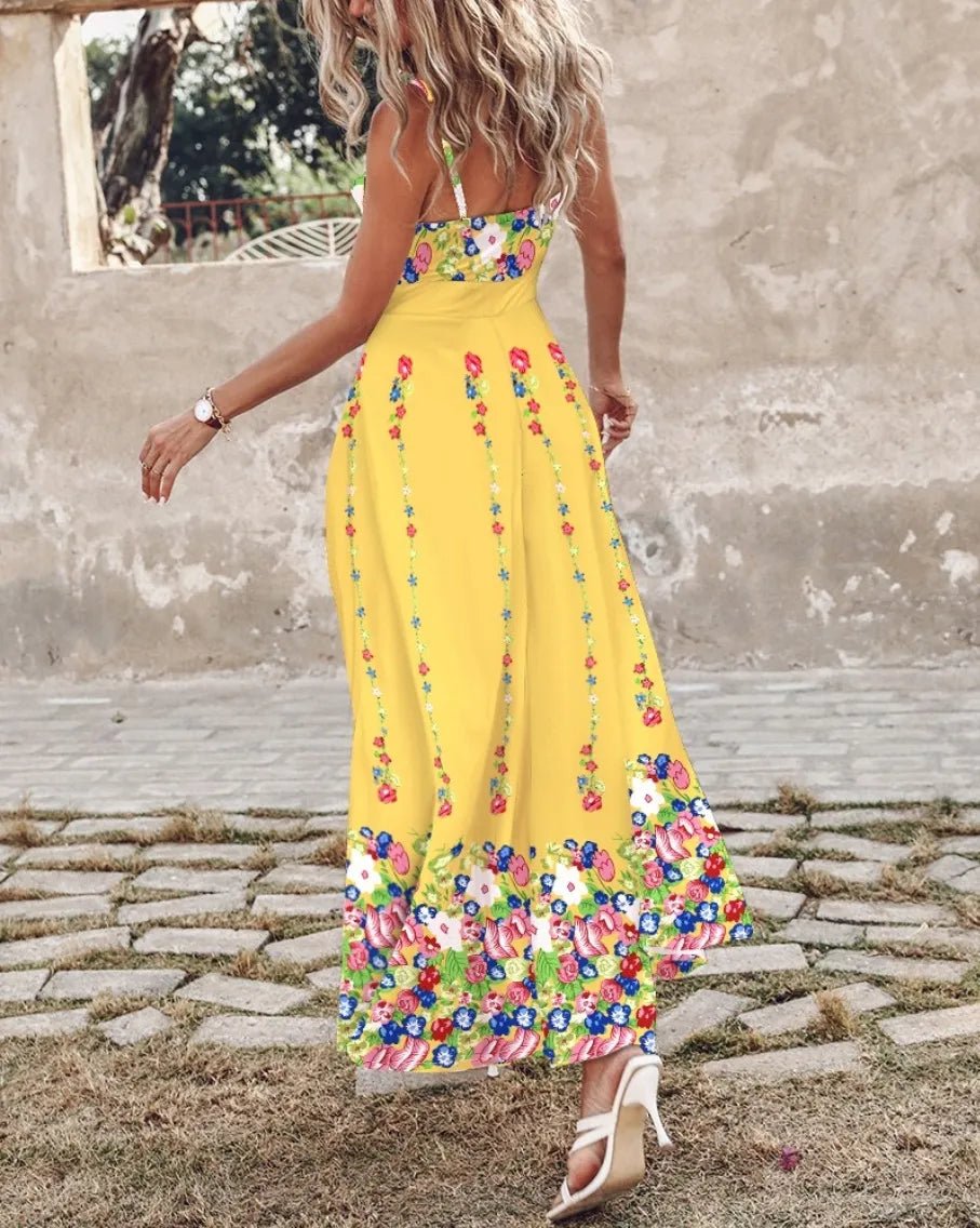Feather Print Spaghetti Strap Split Dress - adritiX