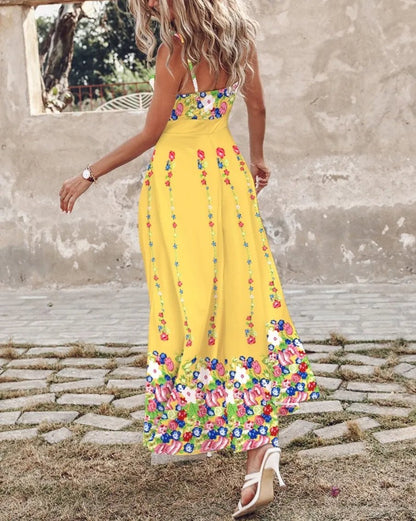Feather Print Spaghetti Strap Split Dress - adritiX