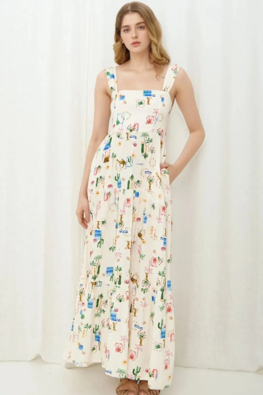 Printed Square Neck Wide Strap Maxi Dress - adritiX