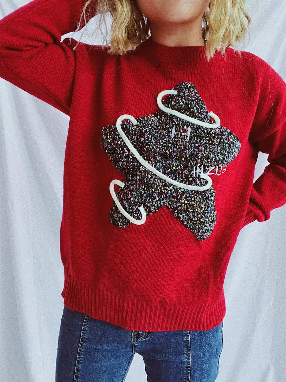 Contrast Star Round Neck Long Sleeve Sweater - adritiX