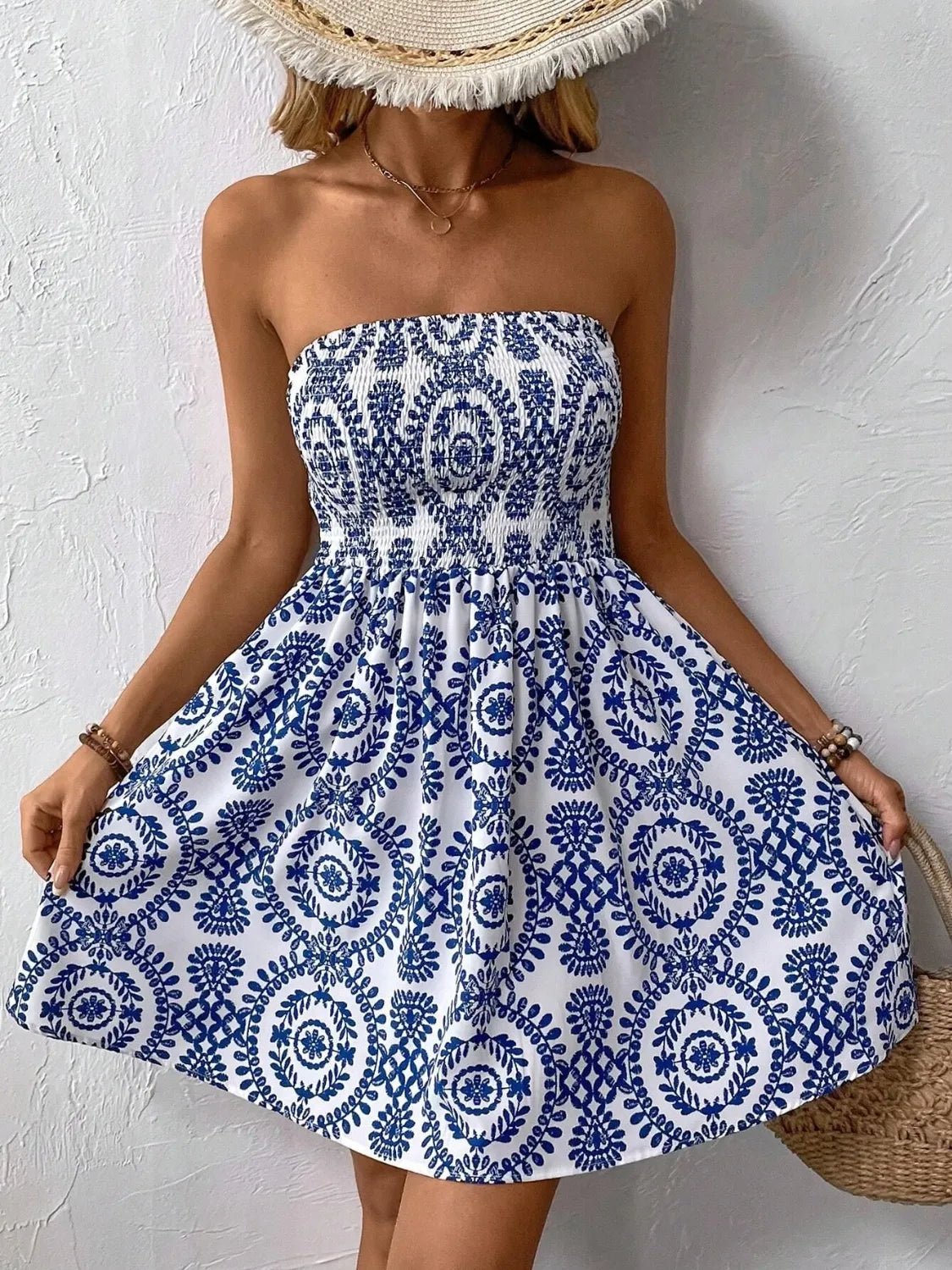 Smocked Printed Tube Mini Dress - adritiX