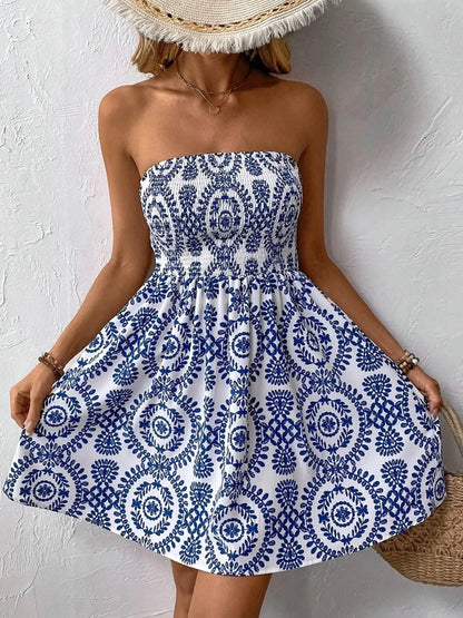Smocked Printed Tube Mini Dress - adritiX