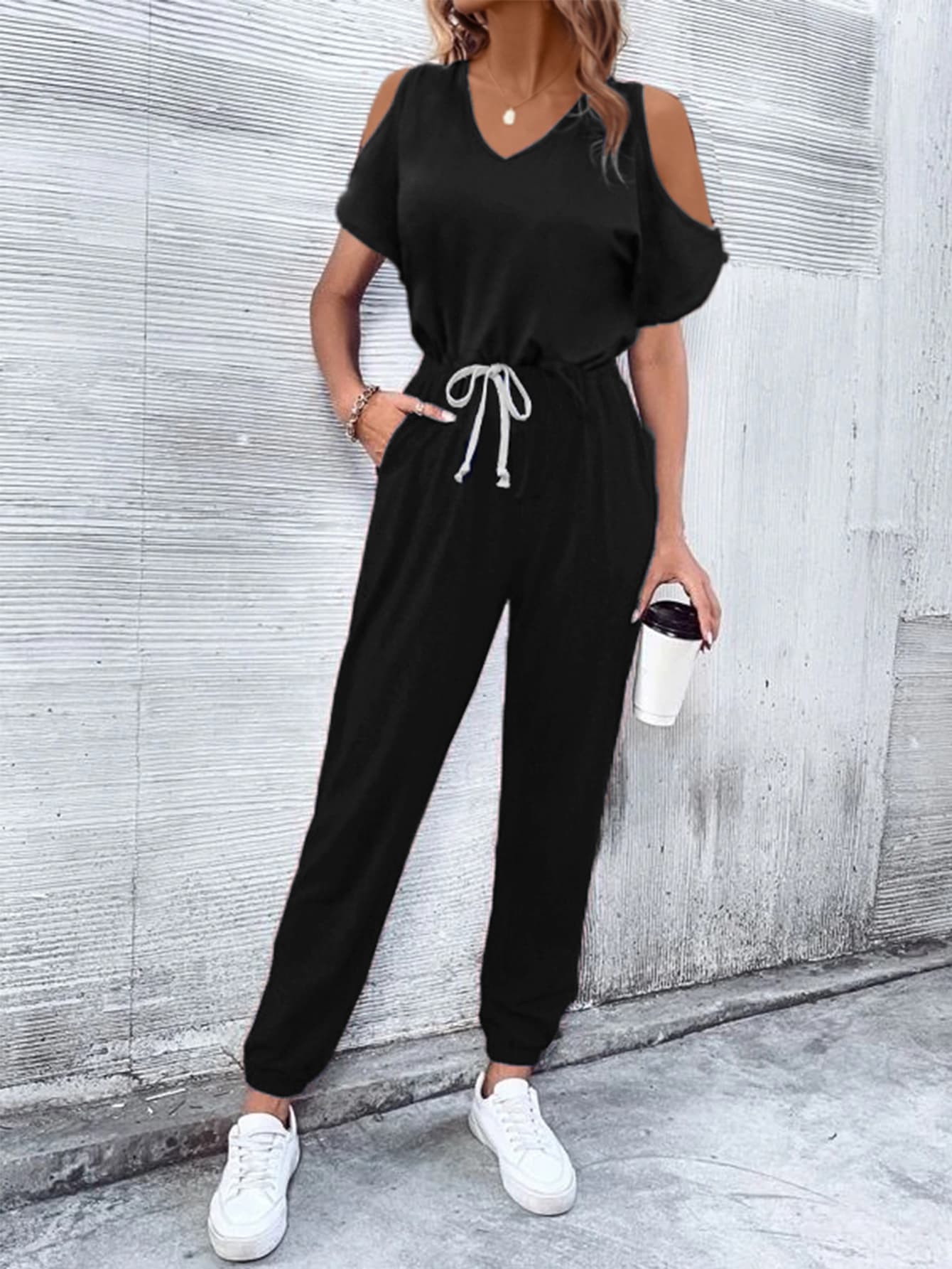 Elegant V-Neck Cold-Shoulder Jumpsuit with Pockets - adritiX