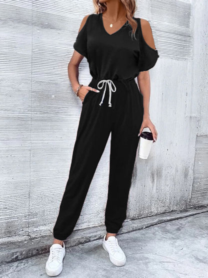 Elegant V-Neck Cold-Shoulder Jumpsuit with Pockets - adritiX