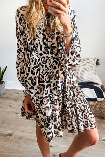 Leopard Print Buttoned Front 3/4 Sleeve Tiered Ruffled Hem Dress - adritiX
