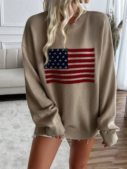 Devine US Flag Round Neck Long Sleeve Knit Top - adritiX