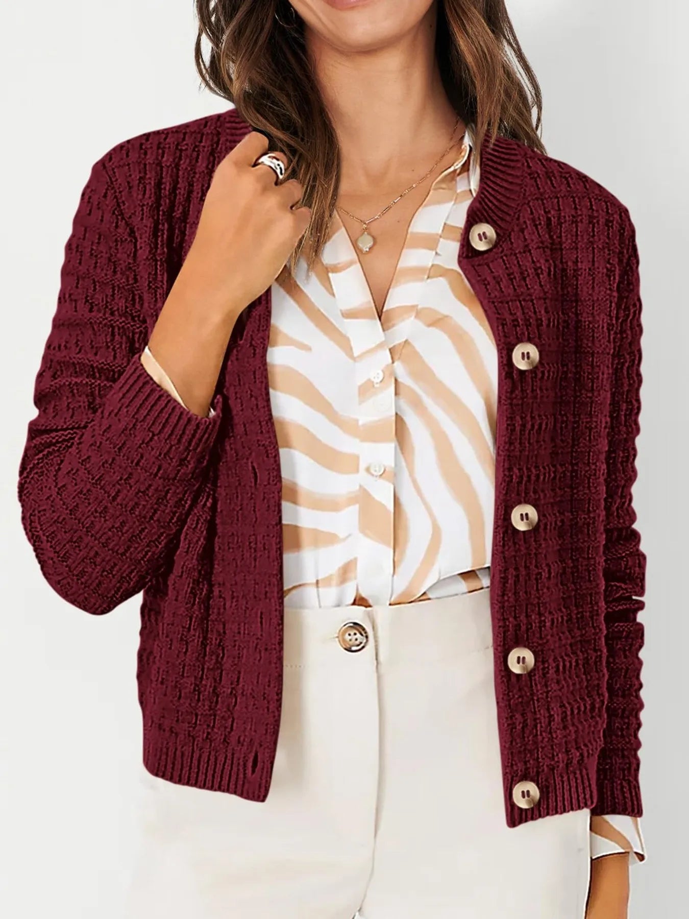 Elegant Textured Knit Button-Front Cardigan - adritiX