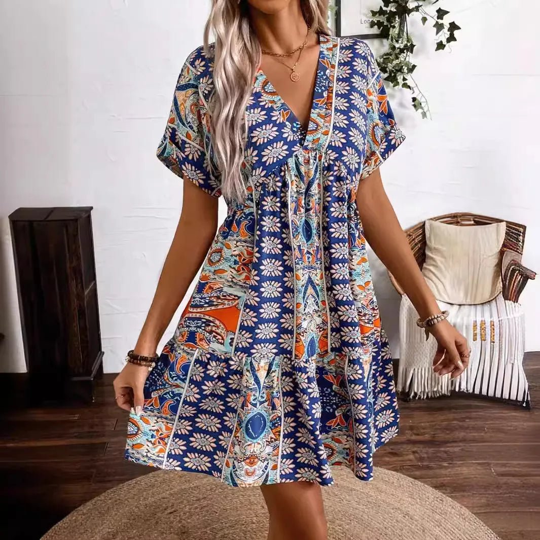 Printed V-Neck Short Sleeve Dress - adritiX