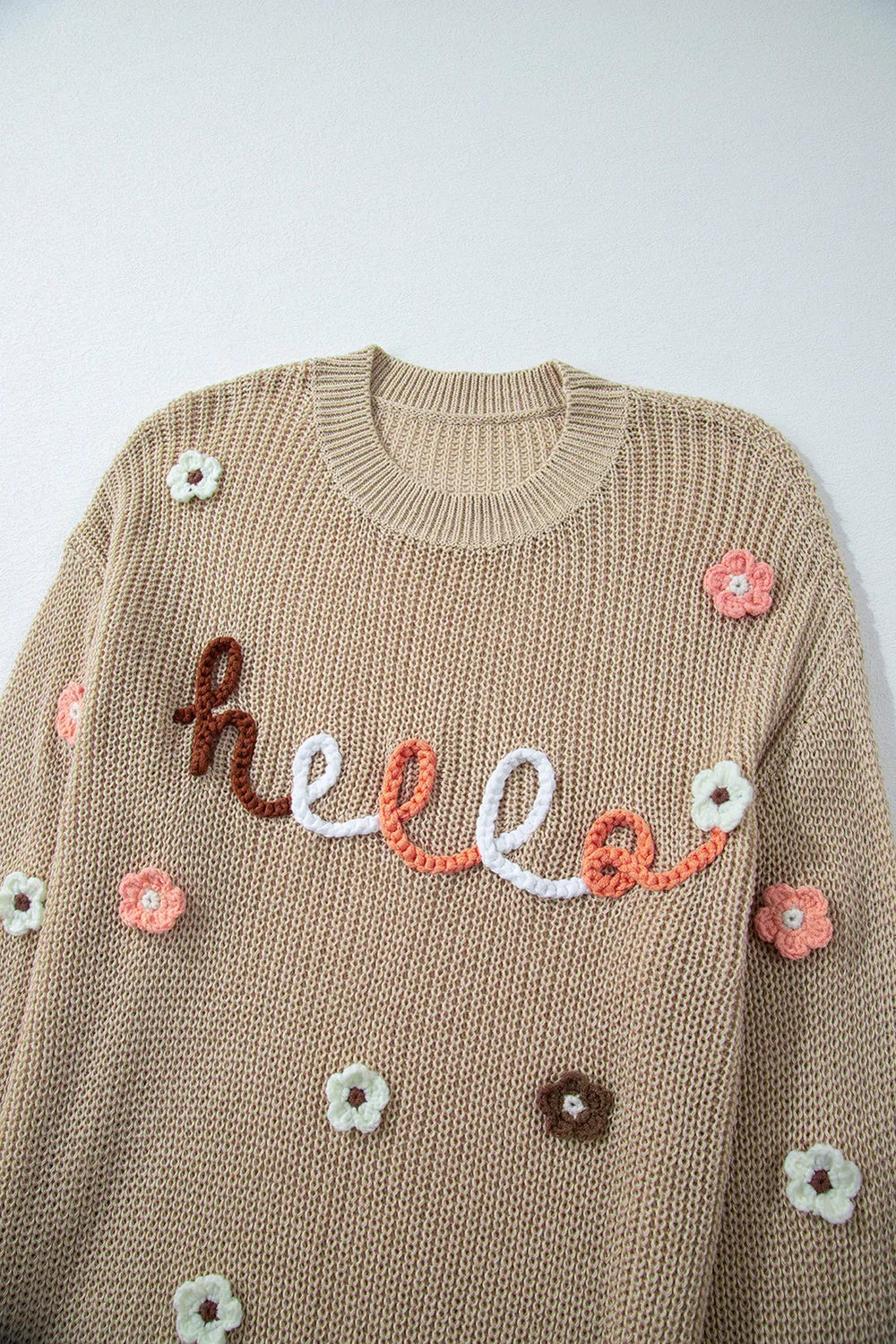 HELLO Flower Round Neck Long Sleeve Sweater - adritiX