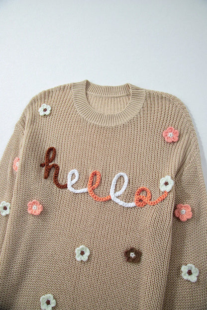 HELLO Flower Round Neck Long Sleeve Sweater - adritiX