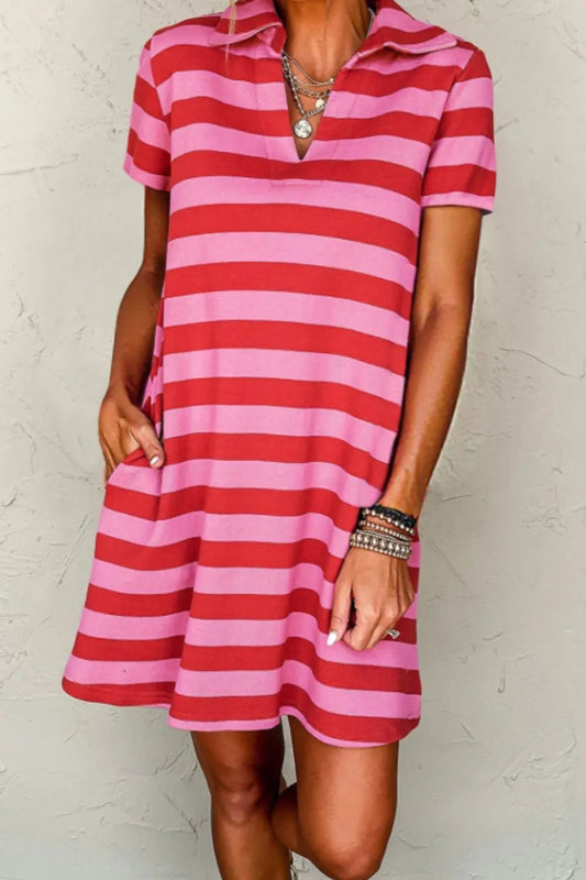 Casual Striped Polo Collar T-Shirt Dress - adritiX