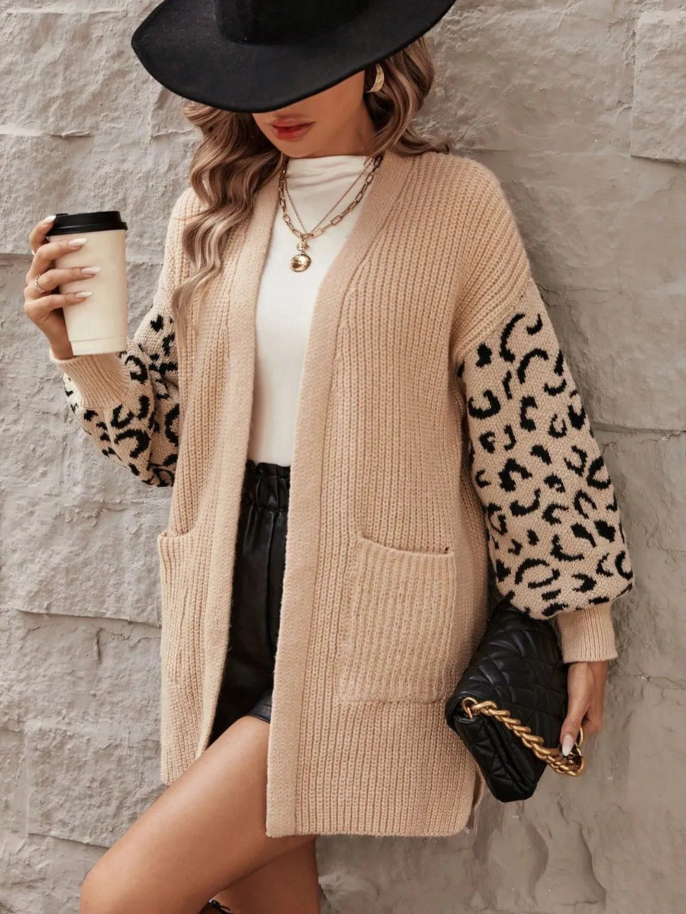 Pocketed Leopard Open Front Cardigan - adritiX