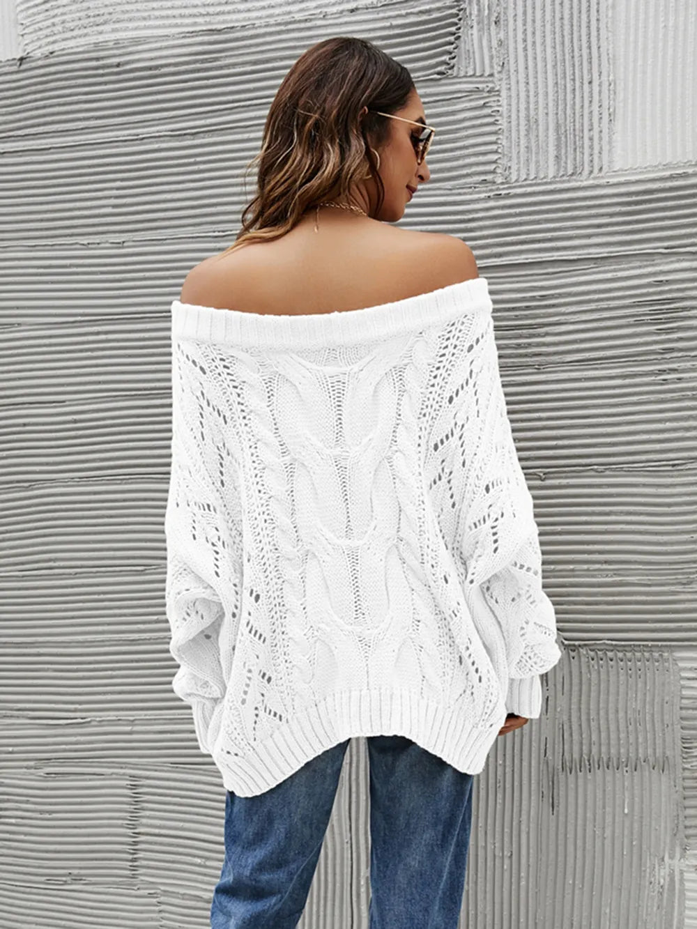 Cable Knit Openwork Off-Shoulder Sweater - adritiX