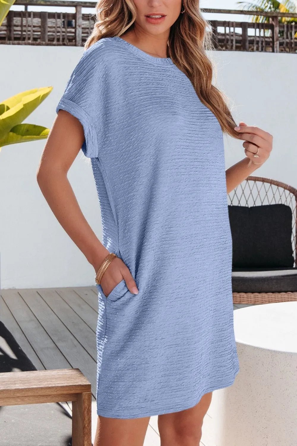 Solid Color Textured Crinkle Short Sleeve T Shirt Dress - adritiX
