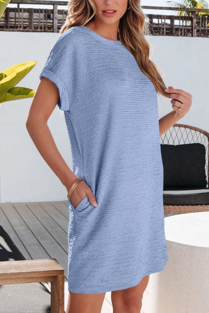 Solid Color Textured Crinkle Short Sleeve T Shirt Dress - adritiX