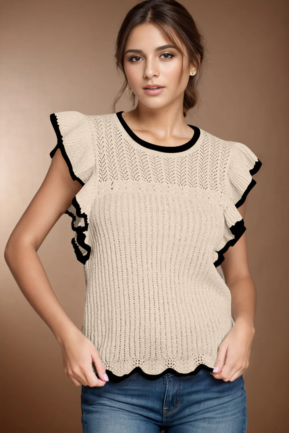 Ruffled Round Neck Cap Sleeve Knit Top - adritiX