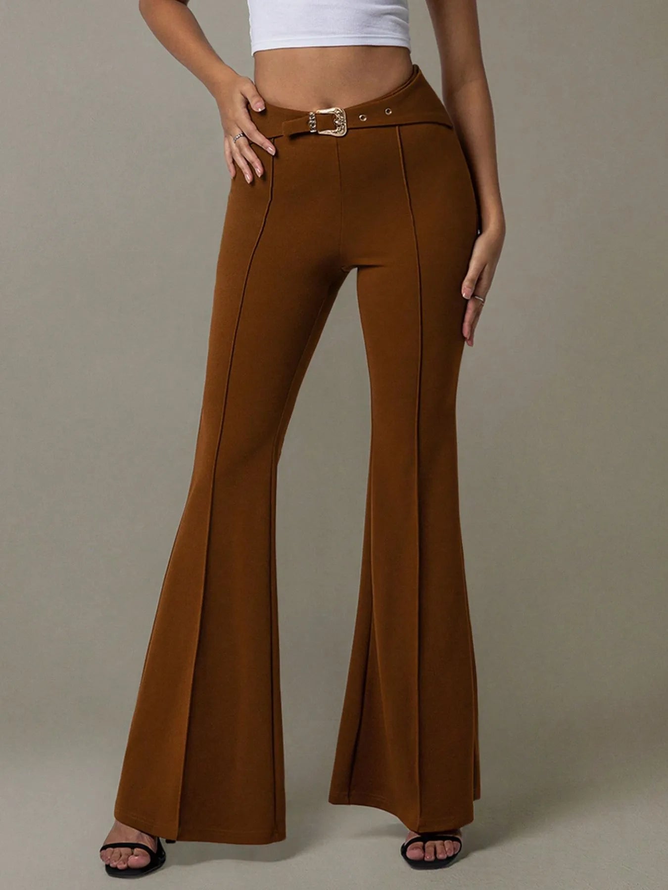 Flare Pants by [Brand Name] | High Waist Design & Chic Buckle Belt - adritiX